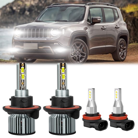 Compatible with Jeep Renegade Headlight Bulbs 2015 2016 2017 2018 2019 2020 2021, 9008/H13 High Low Beam H11 Fog Light Bulbs, 300% White Super Bright, Easy to Install, Packs of 4