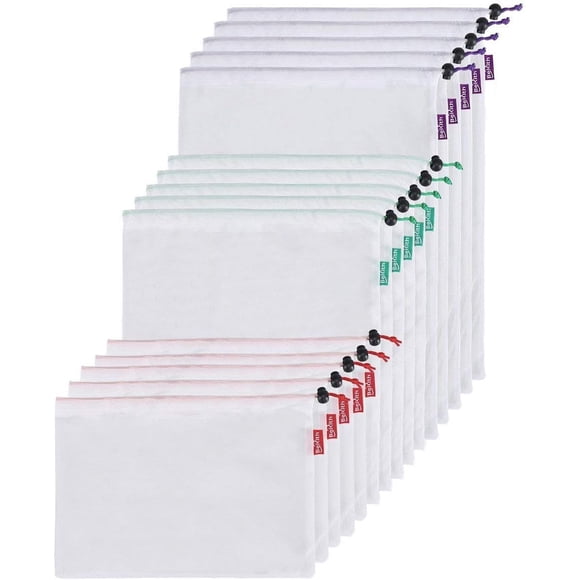 Bekith 15 Pack Premium Reusable Produce Bags - Five Large 12x17in, Five Medium 12x14in, and Five Small 12x8in - Eco Friendly Net Bags for Grocery Shopping & Storage of Fruit Vegetable & Garden Produce