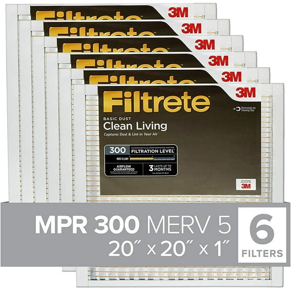 Filtrete 20x20x1, AC Furnace Air Filter, MPR 300, Clean Living Basic Dust, 6-Pack exact dimensions 19.69 x 19.69 x 0.81