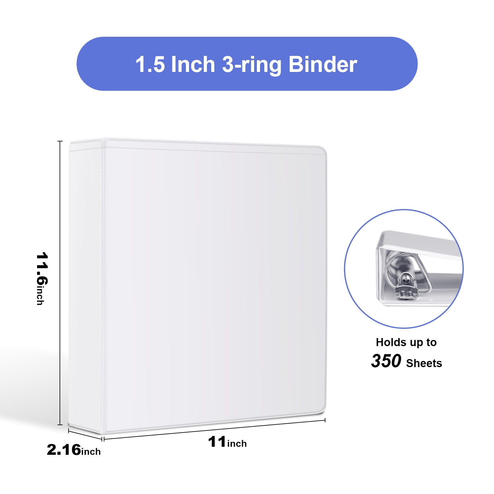 Comix 1-1/2 inch 3 Ring Binder with Clear Cover, 1.5  inch D Ring, Fits Letter Size, Holds 350 Sheets, School Office Supplies, 6-Pack White