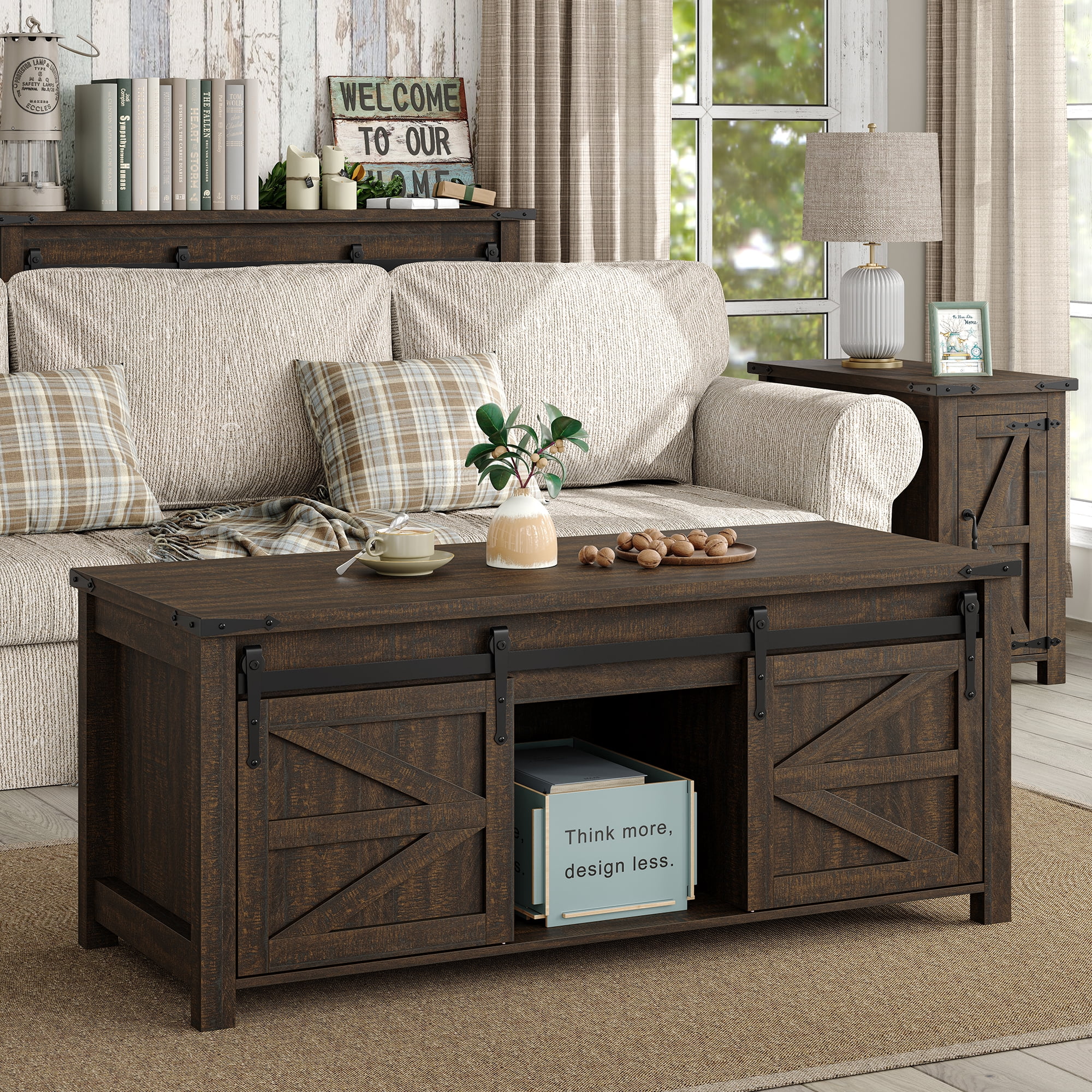 Furnihold 47.3''W Coffee Table, Farmhouse Lift Top Coffee Table with Hidden Storage and Sliding Barn Door for Living Room, Dark Brown