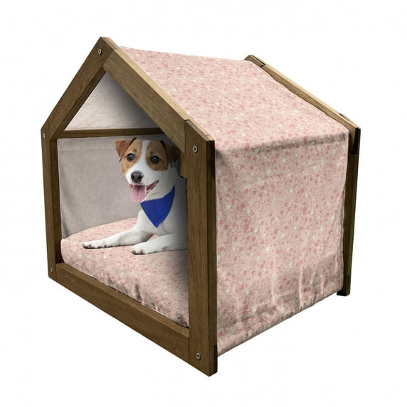 Cherry Blossom Pet House, Vintage Natural Illustration with Swirled Leaves Abstract Flora, Outdoor & Indoor Portable Dog Kennel with Pillow and Cover, 5 Sizes, Peach Coral White, by Ambesonne