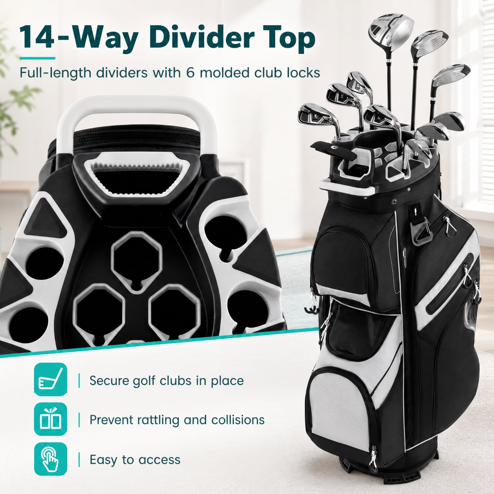 Airfind Molded Lock Top Golf Cart Bag with 14 Way Full Length Dividers and 11 Pockets, Gray Golf Club Bag with Dividers