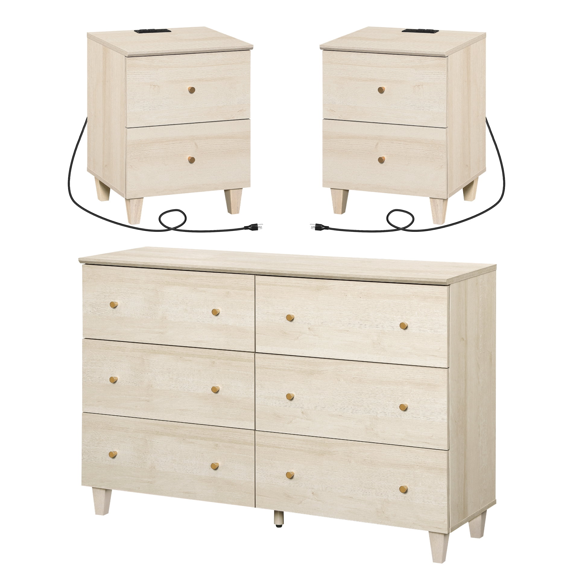 WAMPAT Dresser and Nightstands Set of 3, Wood Dresser with 6 Drawers, 2 Pieces Nightstands with Charging Stations for Living Room, Natural Oak