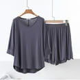 thumbnail image 2 of Caywon Ladies' Casual Loose V-Neck Three Quarter Sleeve Sleeved Lace Shorts Pajama Set Casual Solid Color Oversized Shirts Biker Shorts(Dark Gray,L), 2 of 6