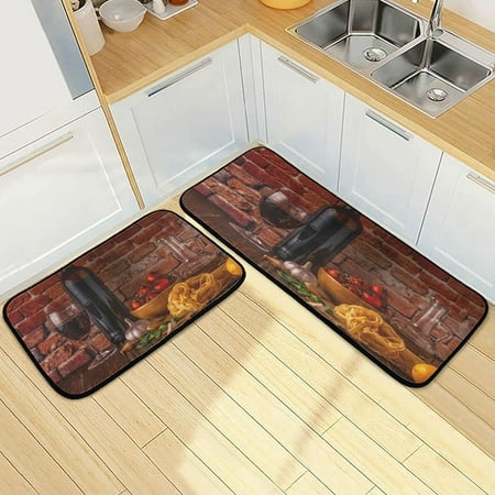 

SKYSONIC 3D Red Wine Theme Kitchen Rugs 2 Pieces Pasta Wine Bottle Brick Wall Floor Mat Room Area Rug Washable Carpet Perfect for Living Room Bedroom Entryway