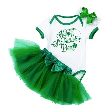 

St. Patricks Day Toddler Girls Short Sleeve Letter Prints Romper Bow Tie Net Yarn Short Skirts Kids Headbands Outfits