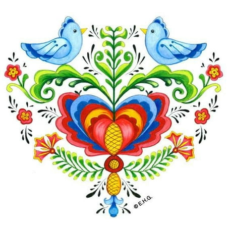 Rosemaling Design - Tile Magnet: Lovebirds & Rosemaling