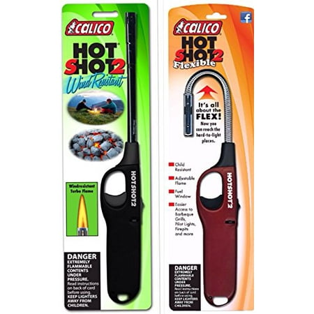 2 Pack Combo - Calico Hot Shot 2 Wind resistant Lighter + Calico Hot Shot 2 Flexible Utility Lighter Safe for Camping/grilling/home, Adjustable