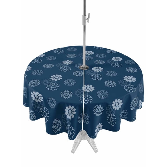 Outdoor Tablecloths with Umbrella Hole & Zipper, Navy Blue Daisy Round Tablecloths 60 Inch, Modern Farmhouse Chrysanthemum Floral Waterproof Table Cloth, Patio/Pool/Picnic Table Covers