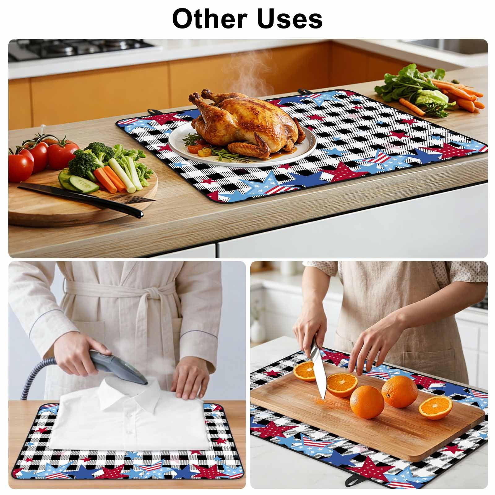 4th of July Stove Top Cover for Electric Stove, Heat-proof & Non Slip Glass Top Stove Cover Protector, Blue Red Star Independence Day Black Plaid Kitchen Flat Cooktop Rubber Mat 24x21 Inches