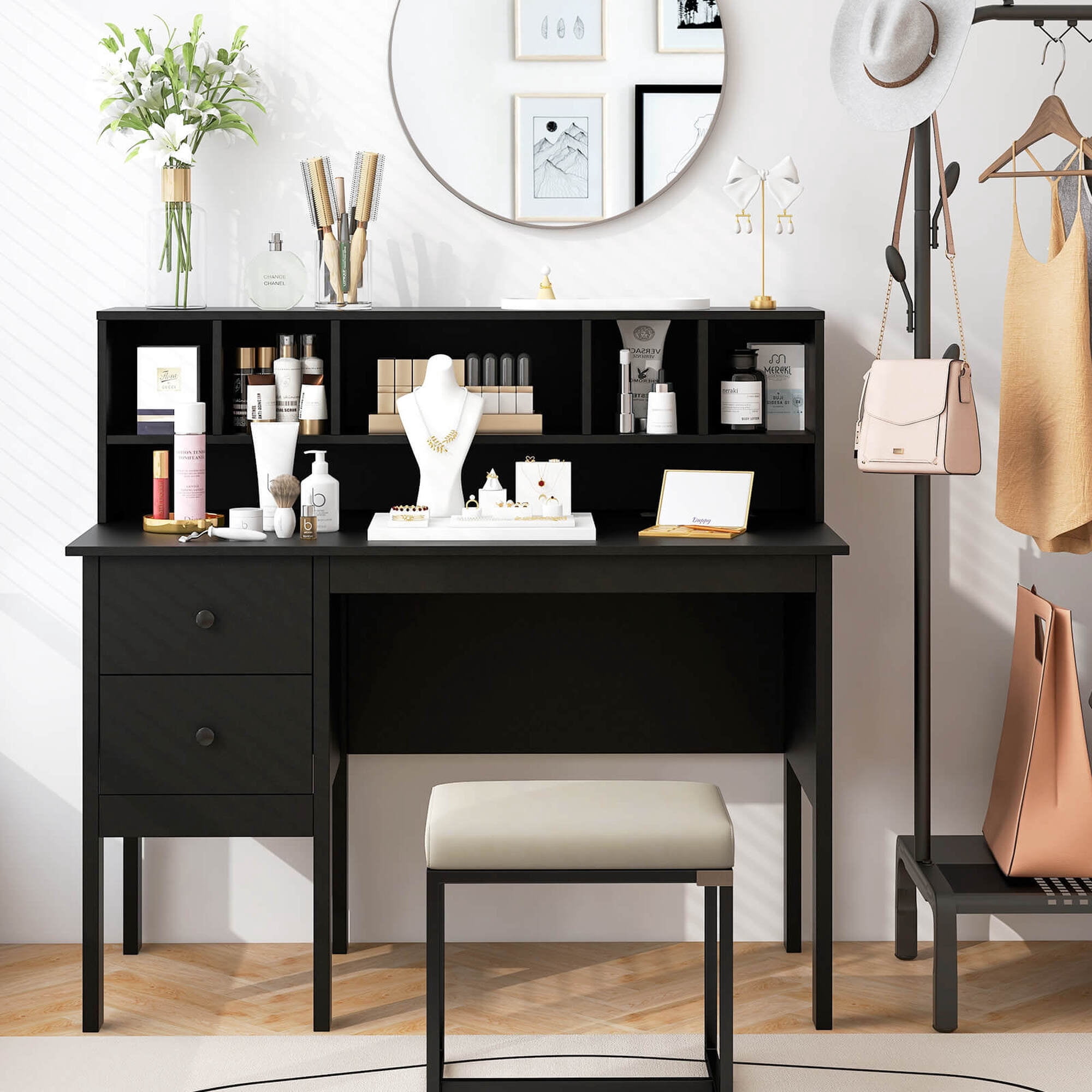Costway 48" Computer Desk with Power Outlets Type-C 5-Cubby Hutch & 2 Storage Drawers Black