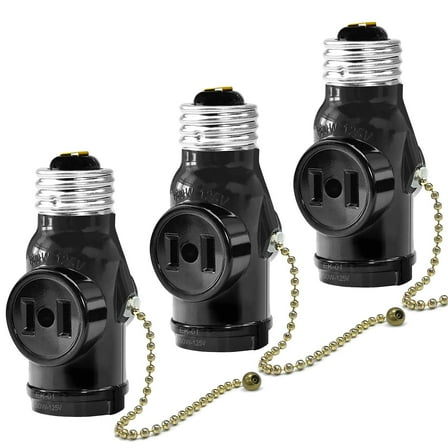 E26 Light Socket to 2-Prong Outlet Adapter with Pull Chain, for Ceiling and Porch Lights, Black-3 Pack