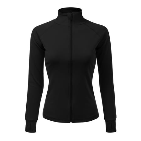 Doublju Women's Active Sports Define Jacket Slim Fit And Cottony-Soft Handfeel BLACK (Best Slim Fit Jackets)