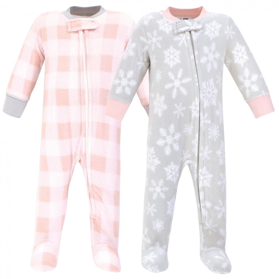 Hudson Baby Infant Girl Fleece Zipper Sleep and Play 2pk, Gray Pink Snowflake, 6-9 Months