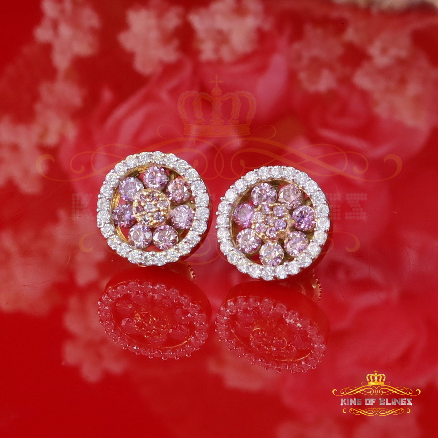 King of Bling's 925 Silver Yellow 1.50ct VVS D Pink Moissanite Round Men's/Women's Stud Earrings