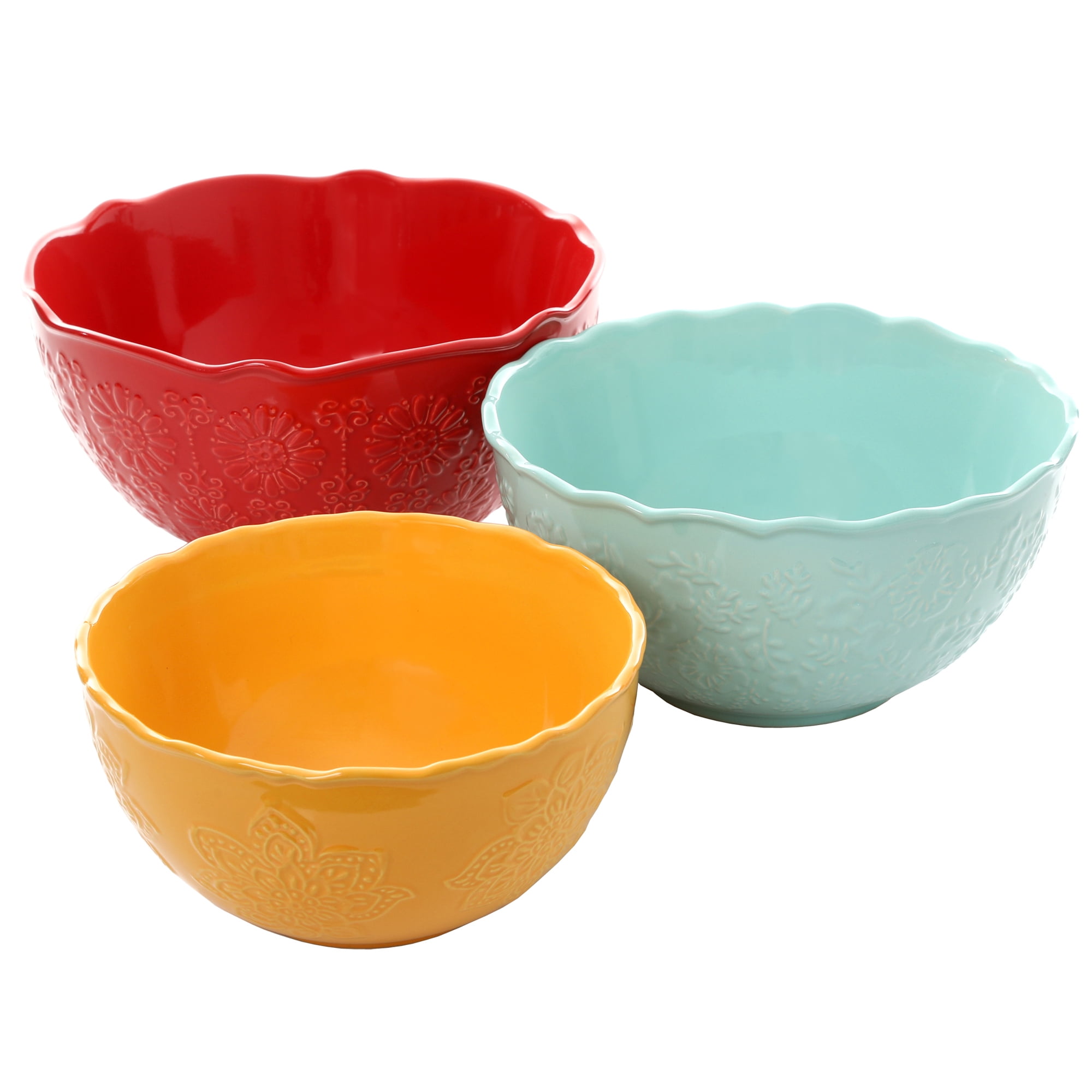 Floral Bursts Mixing Bowls Set Of 3 Embossed Exterior Serving Kitchen Stoneware eBay