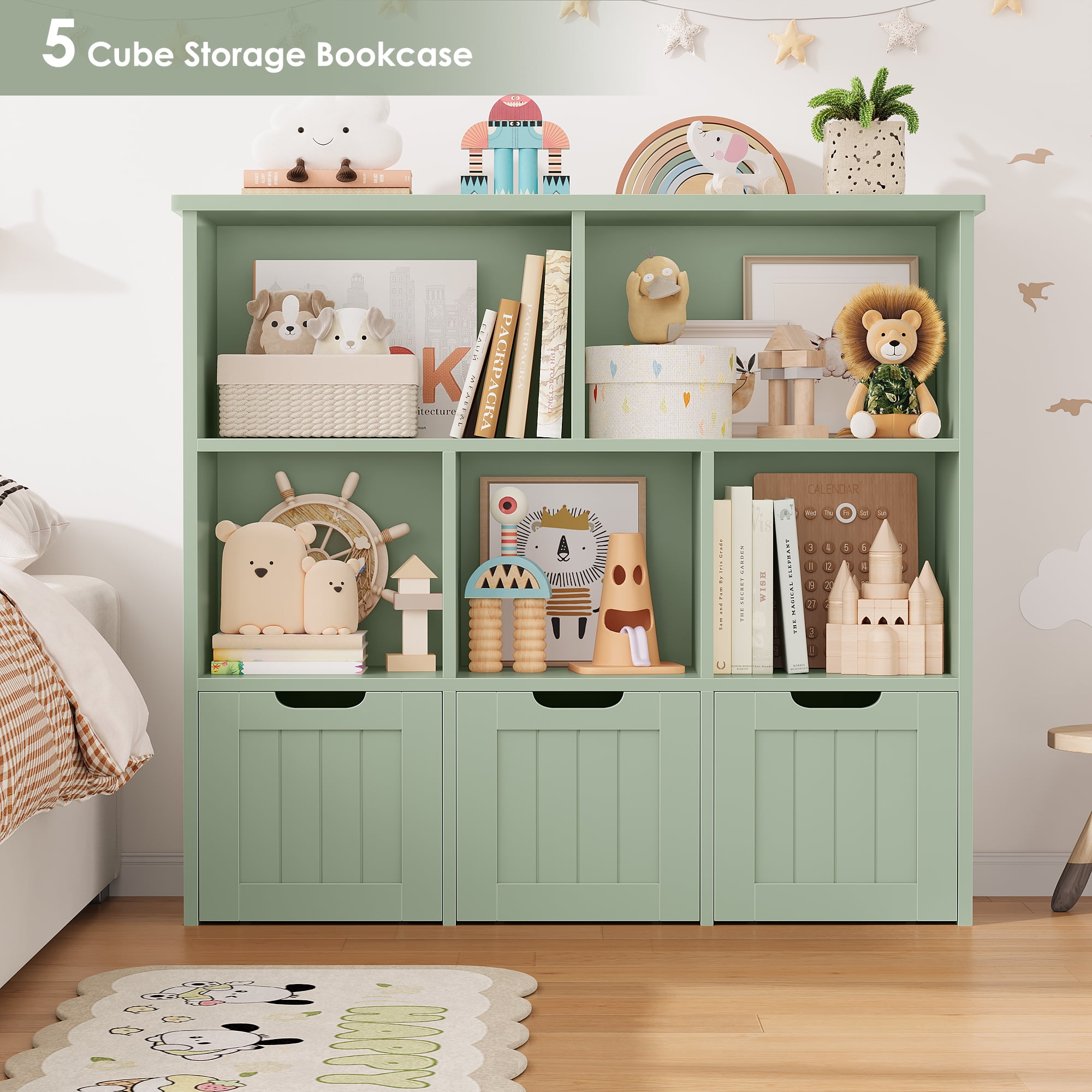 Homfa Toy Storage Organizer with 3 Movable Drawers, 5 Cube Kids Bookcase for Playroom, Storage Cabinet for Living Room, Green Finish