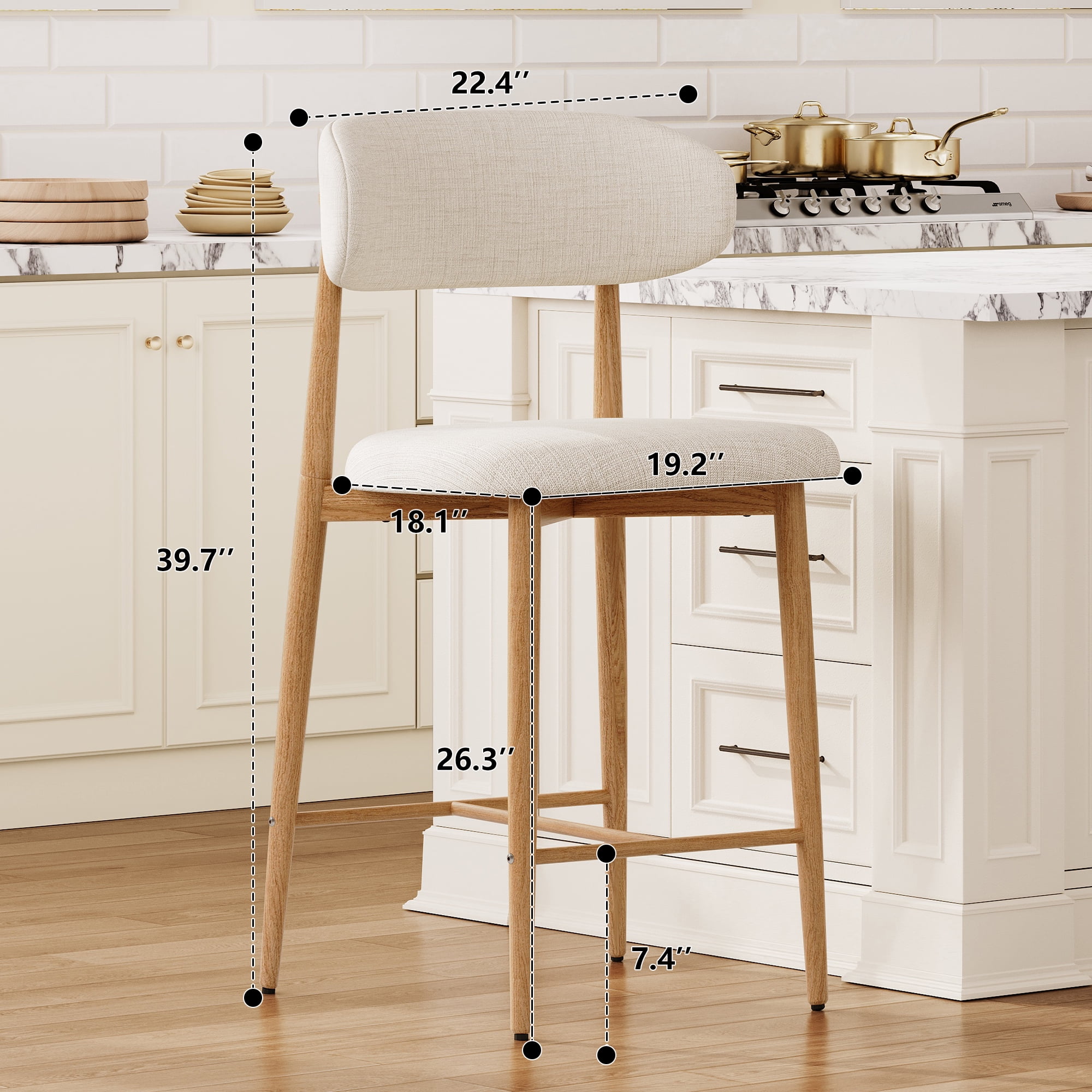Leumius 26" Counter Height Bar Stools Set of 2,Upholstered Linen Bar Chairs with Metal Legs,Modern Kitchen Island Counter Chairs for Kitchen Island,Dining Room,300LBS,Beige