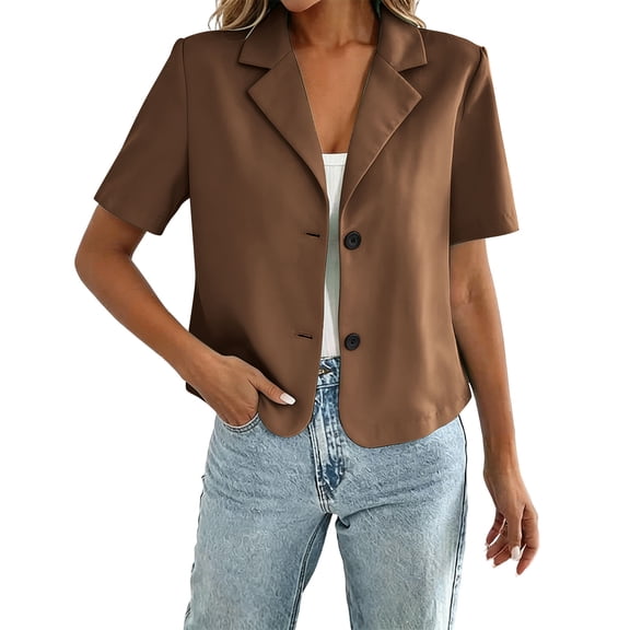 Shrysg Women's Short Sleeve Blazer Notched Lapel Button Down Suit Jacket for Work Office Coffee