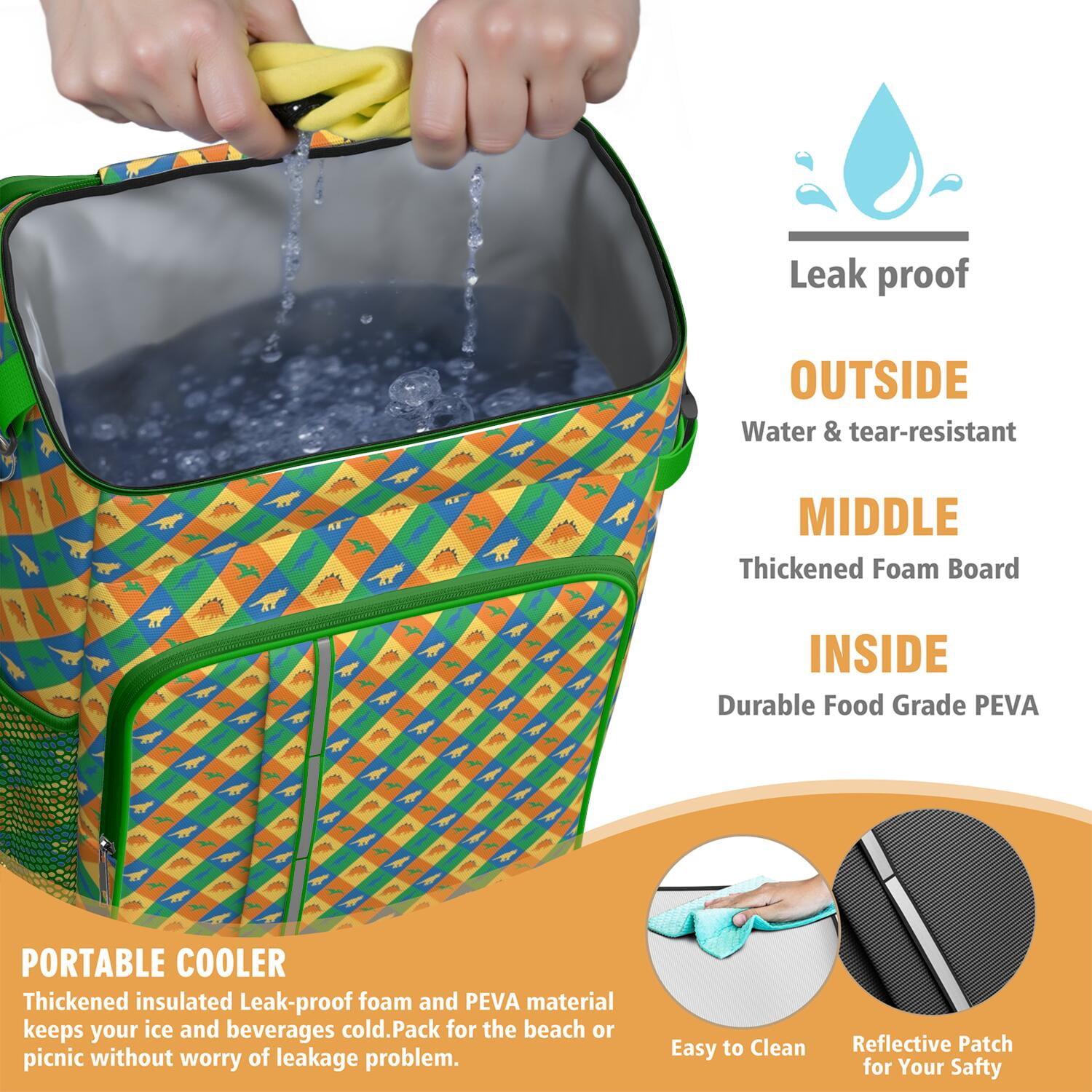 Travel Cooler Bag - Colorful Checkered Dinosaurs Pattern Camping Beer Cooler Backpack with Bottle Opener- Waterproof Insulated Picnic Backpacks - Cooler Bag for Beach