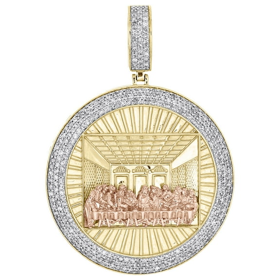 10K Yellow Gold Diamond Men's Last Supper Pendant Rose Tone Medallion 1.28 CT