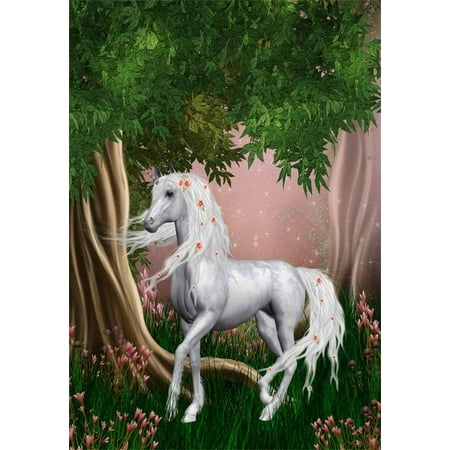 Image of ABPHOTO 5x7ft Unicorn Backdrop Phtotgraphy Fairytale White Unicorn Tree Green Grass with Flowers Backdrops for Birthday Party Baby Shower Children Baby Kids Girls Photo Background Studio Props