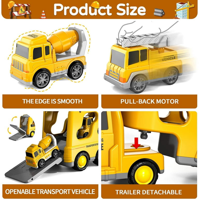 8 Pcs Construction Play Vehicle Set for Toddlers Truck Friction Power Toy Car Excavator Bulldozer and Mixer Birthday Gifts for Kids 3 5 Yellow