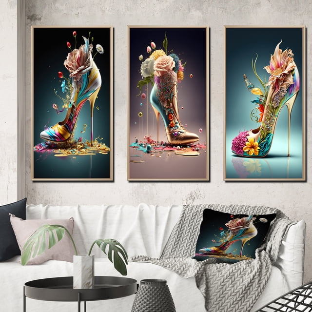 Designart "Azure Floral Stilettos II" Fashion Framed Wall Art Set Of 3 - Blue Glam Frame Gallery Wall Set For Home Decor