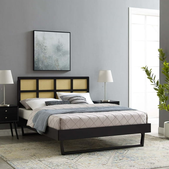 Modway Sidney Cane and Wood Queen Platform Bed With Angular Legs in Black