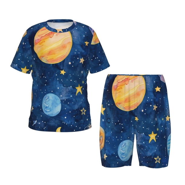 Fotbe Planets And Stars1 Pijama Estampada de 2 Piezas para Niños – Ropa de Dormir de Manga Corta Cómoda para Niños y Niñas, Camiseta y Shorts de Algodón-X-Large