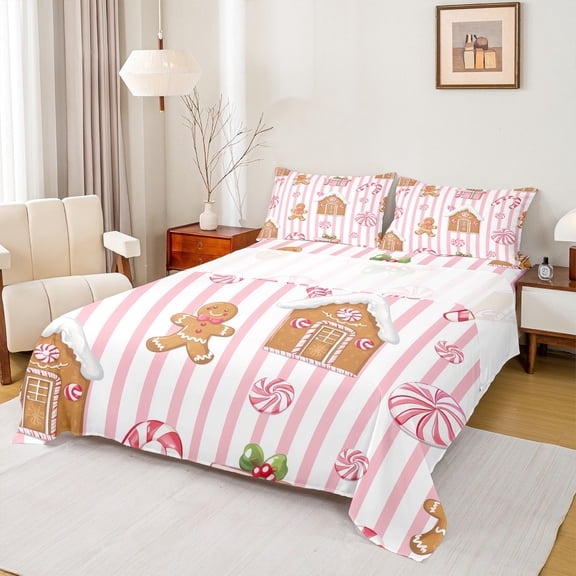Homewish Kids Teens Christmas Gingerbread Man Twin Sheet Sets 3pcs,Pink Geometric Stripes Twin Fitted Sheet Microfiber,Xmas Candy Cane Breathable Flat Sheet,Ultra Soft Home Decor