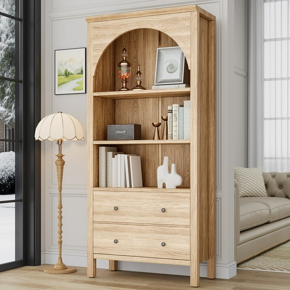 ModFurne 71“ Tall Arched Cabinet, Modern Farmhouse Display Storage Cabinet with 2 Large Drawers, Oak