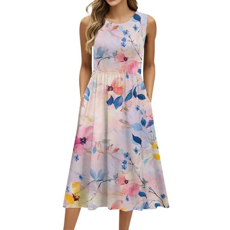 Biziza Casual Dresses for Women Long Sleeveless Vintage 2025 Floral Causal Pink Elegant Dresses Stretch Polyester Lightweight Cotton Round Neck Corset Dress with Pockets