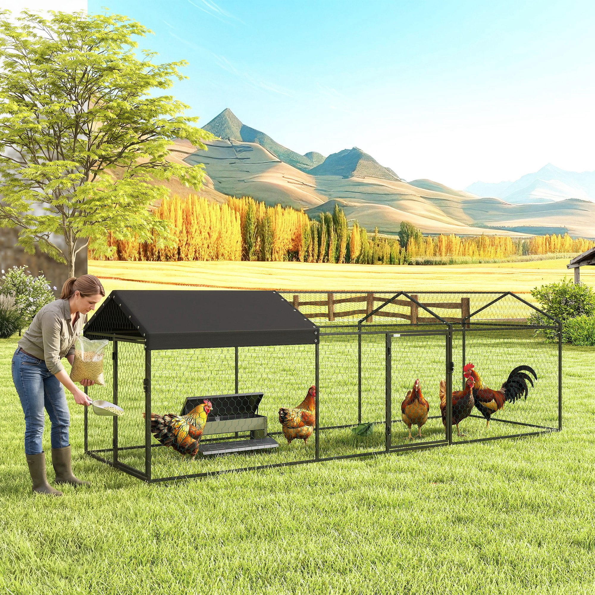 PawHut Large Metal Chicken Coop, Chicken Run with Waterproof & Anti-UV Cover for 3-5 Poultry, Outdoor Poultry Cage Rabbit Hutch