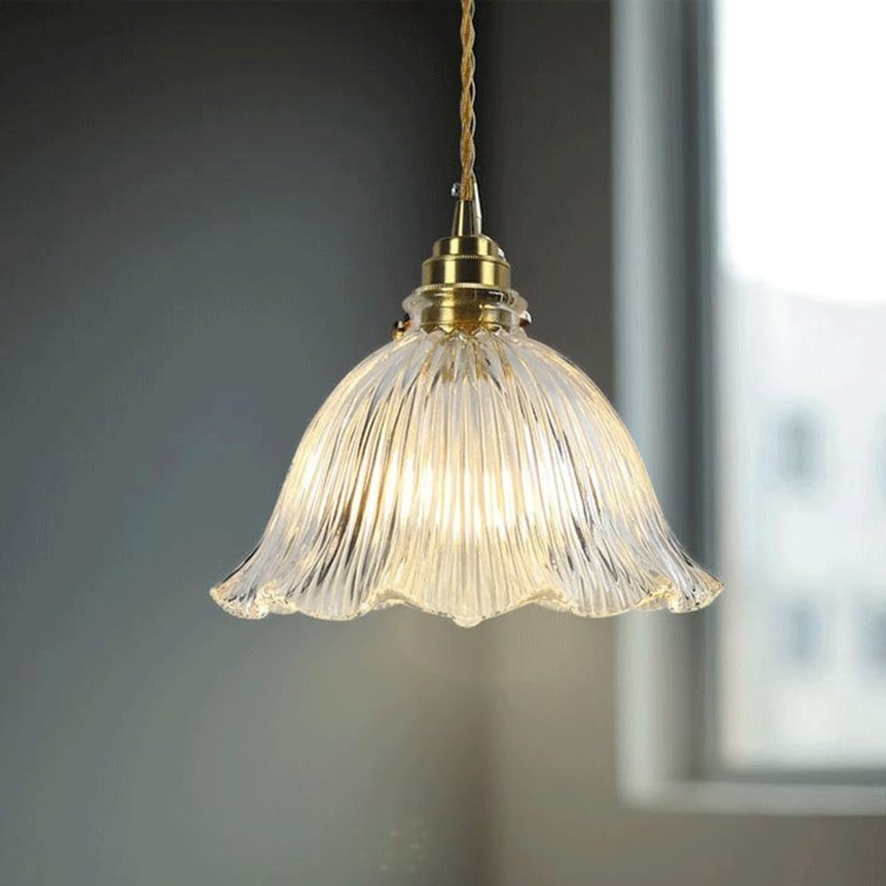 Flower Shape Clear Glass Pendant Light, Nordic Modern Transparent Glass Pendant Lamp, Simple Farmhouse Pendant Lighting for Dining Room, Rustic Pendant Light Fixture for Kitchen Island Sink Over Table