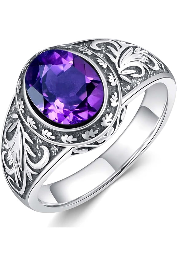 Genuine Amethyst Pinky Ring for Men 925 Sterling Silver Oval Shaped Real Amethyst Vintage Statement Wedding Rings for Husband Personalized