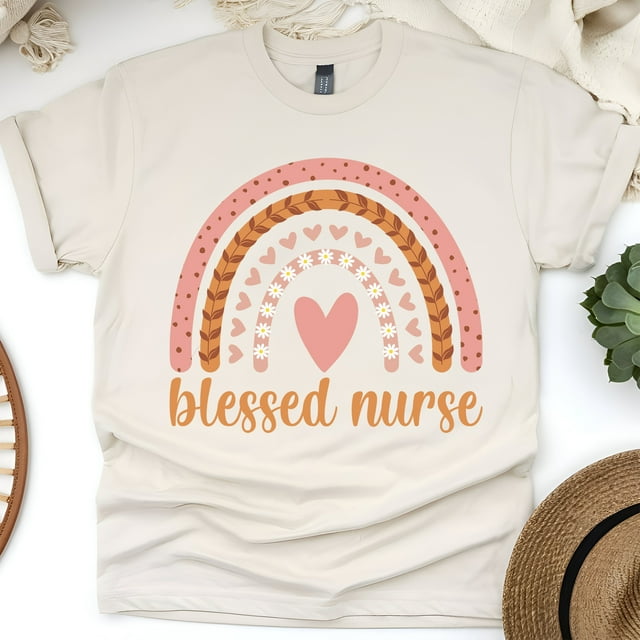 Blessed Nurse Graphic T-Shirt with Rainbow and Heart Design, Natural, Size M