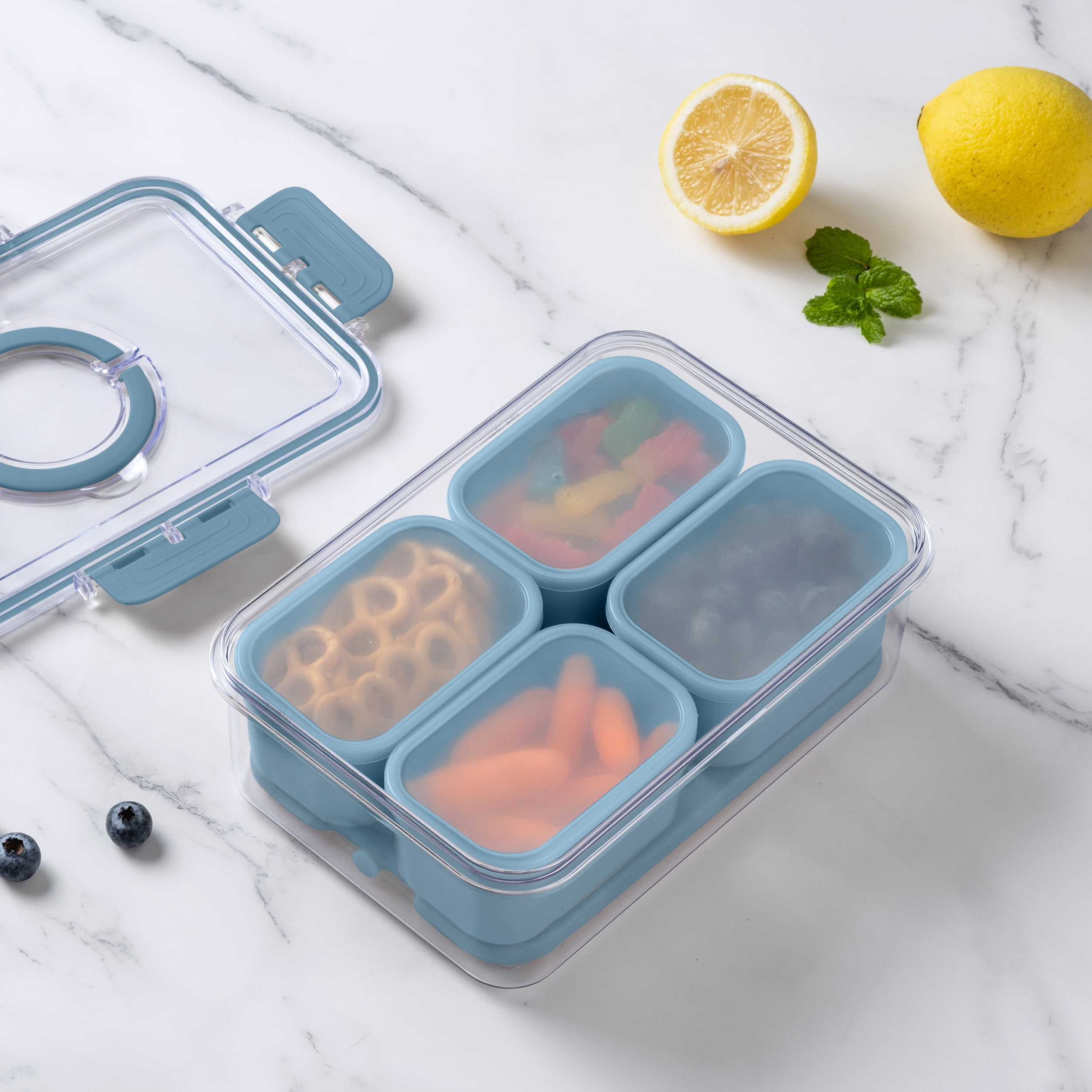 Cook with Color 4-Compartment Portable Snack Box Food Storage Container with Removable Ice Pack, Blue