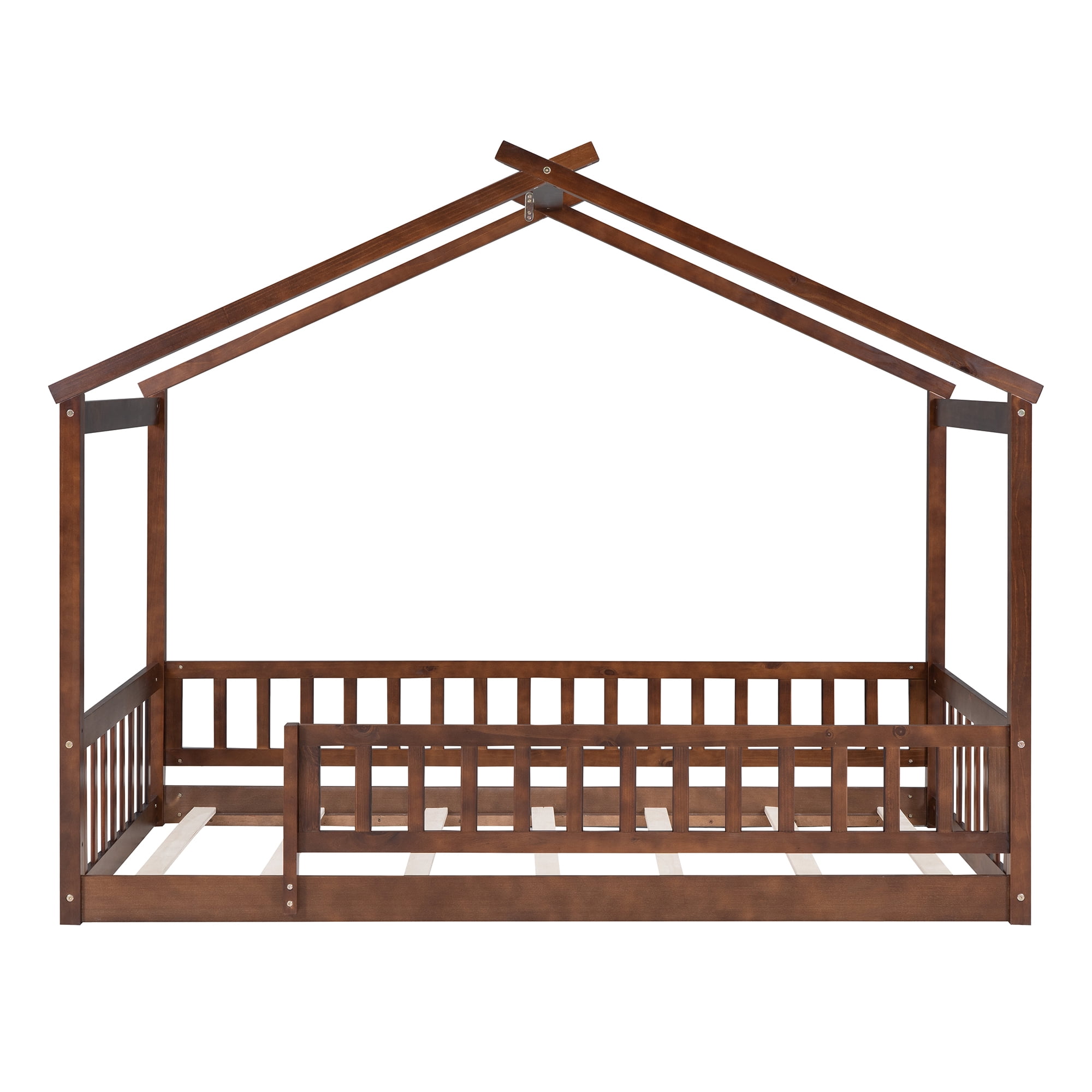 Noble House Twin Size Wood House Bed Frame with Fence,Walnut