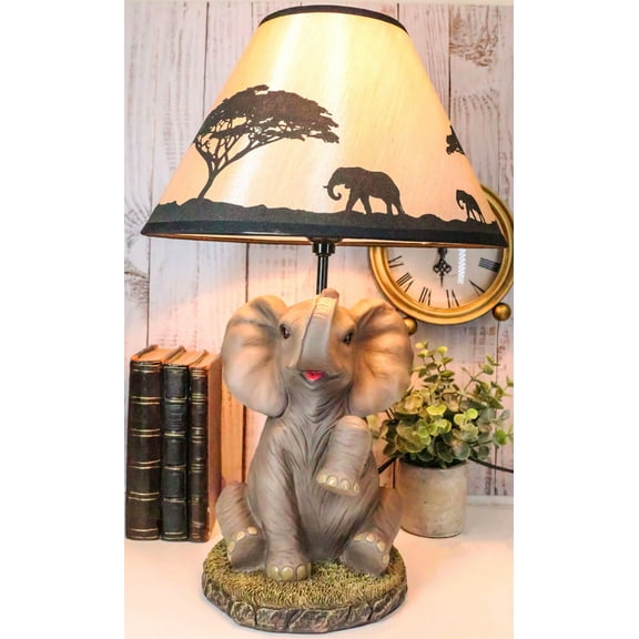 African Safari Glow Sitting Elephant with Trunk Up Desktop Table Lamp With Shade