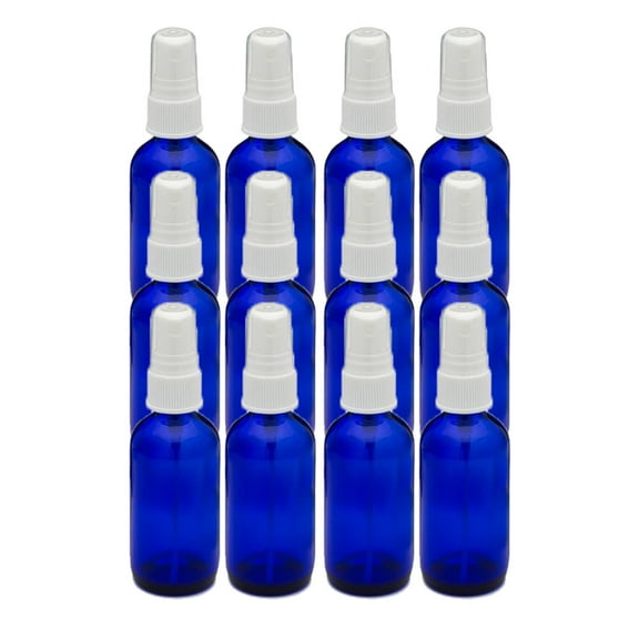 Cobalt Blue 2oz White Mist Sprayer Bottle (60ml) Pack of 12 - Glass Tincture Bottles with White Mist Sprayers for Essential Oils & More Liquids - Leakproof Travel Bottles