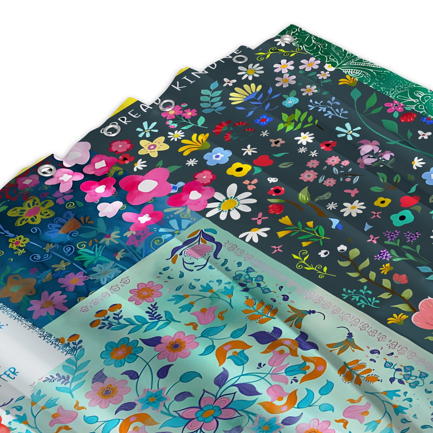 LVRLVR 1/4 Colorful Floral Patchwork & Kindness Affirmation Fabric Shower Curtain Rug Set - Bohemia Flower Bath Mat Bathroom Decoration,Multicolor, 70.8" × 70.8"