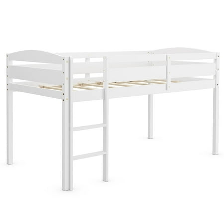 Giantex Wooden Twin Loft Bed Solid Wood Bed Frame with Ladder & Guardrails No Box Spring Needed Easy Assembly White