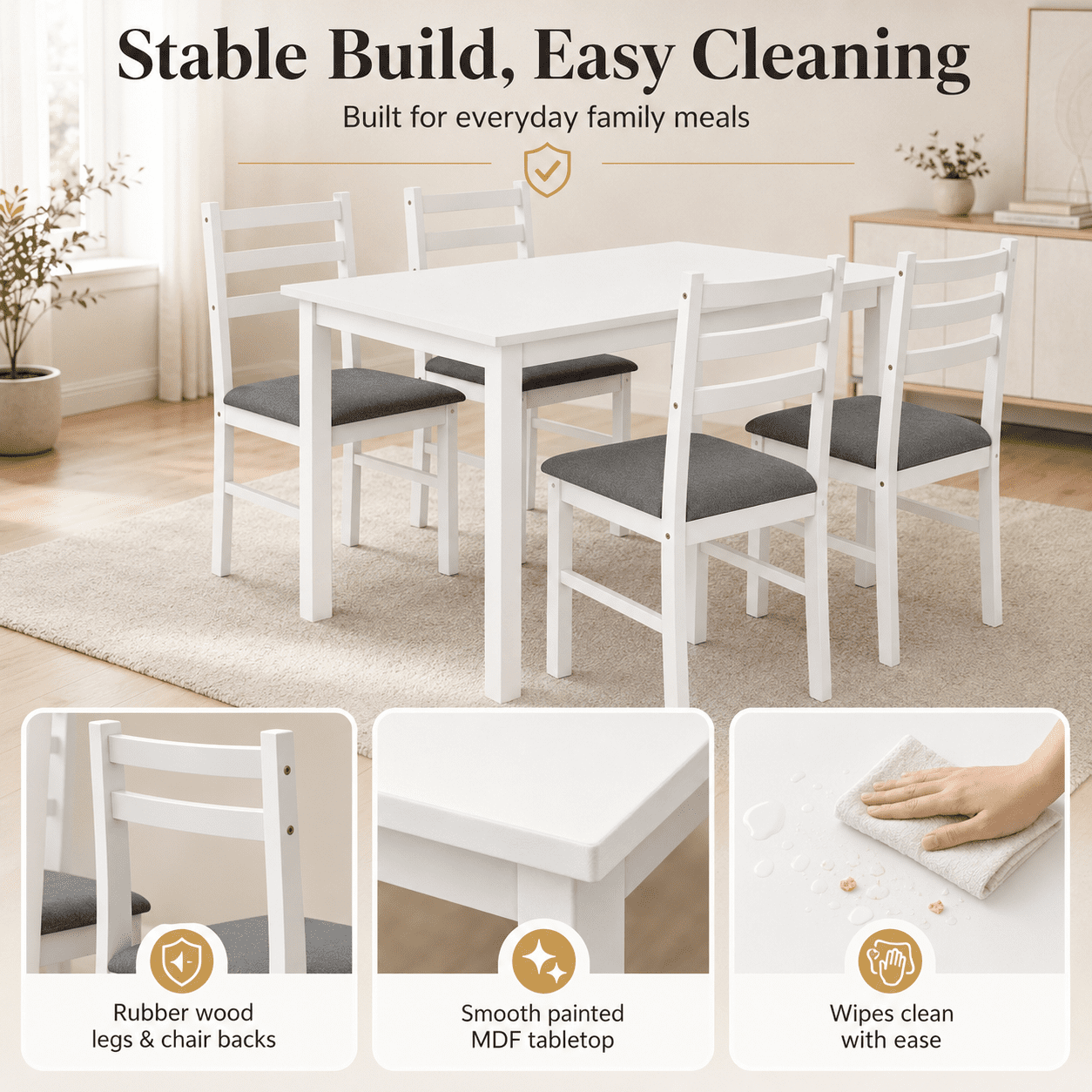 Aukfa 5-Piece Farmhouse Dining Table Set with 4 Chairs,Space-Saving Apartment/Breakfast Nook Furniture, White