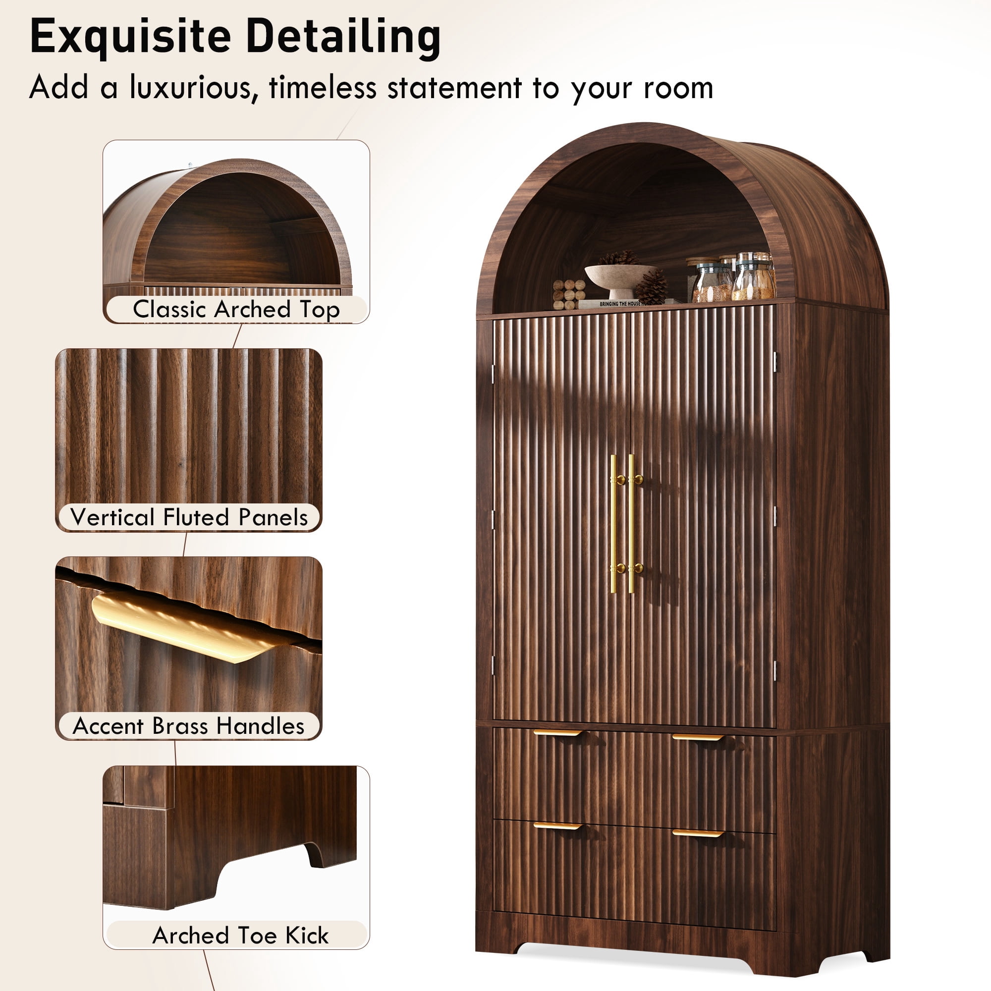 Euroco 72" Tall Arched Kitchen Pantry Cabinet, Wood Kitchens Storage Cabinets with 2 Large Drawers & 8 Adjustable Door Shelves,Mid Century Modern Cupboard Organizer for Dining Room,Walnut