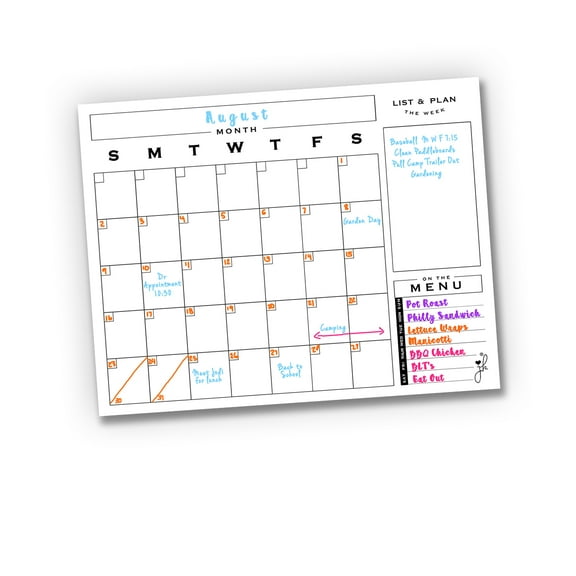 White Dry Erase Magnetic Monthly Calendar , Whiteboard with Menu 18"x14"