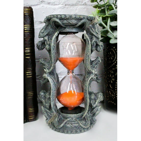 Guardian Gargoyle Dragons On Gothic Tower Pedestal Pillars Sand Timer Figurine