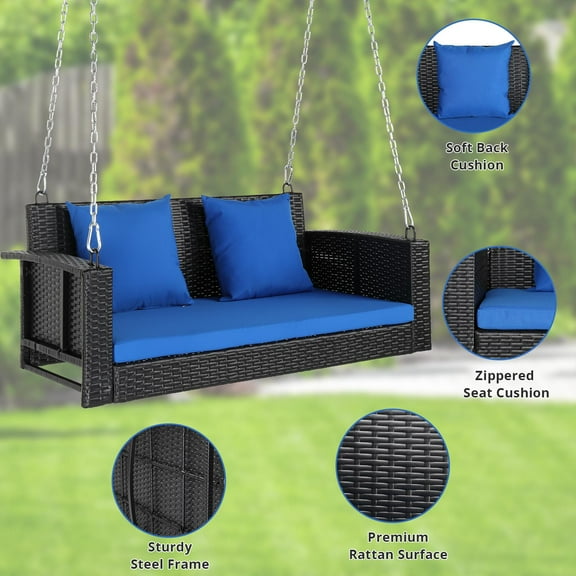SalonMore Rattan Wicker Swing Hanging Porch Patio Swing 2 Person Seat, Front Porch Haning Swing w/ Blue Cushion