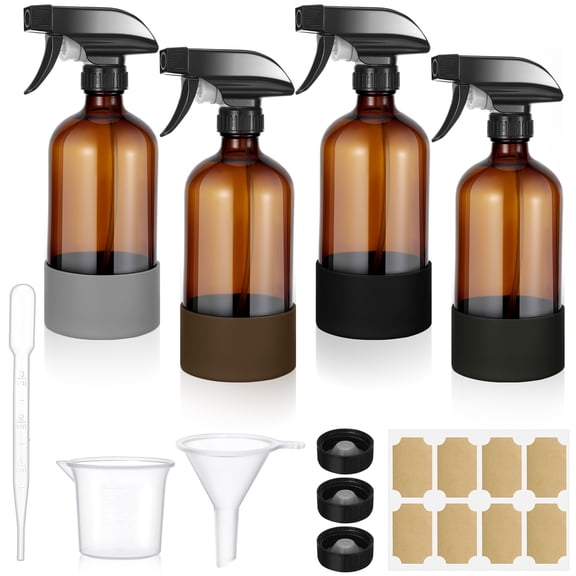 Armscye 4 Pack 16.9 Oz Glass Spray Bottles, Empty Amber Squirt Bottles with Adjustable Nozzle, Refillable Spray Container for Essential Oils, Hair, Cooking, Cleaning Sprayers with Rich Accessories